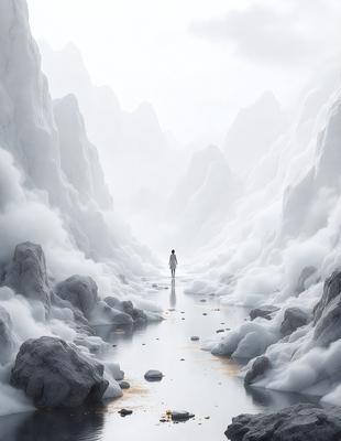 The primary subject of the image is a person walking through a snowy, mountainous landscape. The setting includes a rocky path surrounded by snow-covered mountains, creating a chilly and dramatic atmosphere. The visual style of the image is a digital art or illustration, with the person appearing as a silhouette against the white snow. The colors and mood of the image are predominantly white and cold, emphasizing the wintry environment.